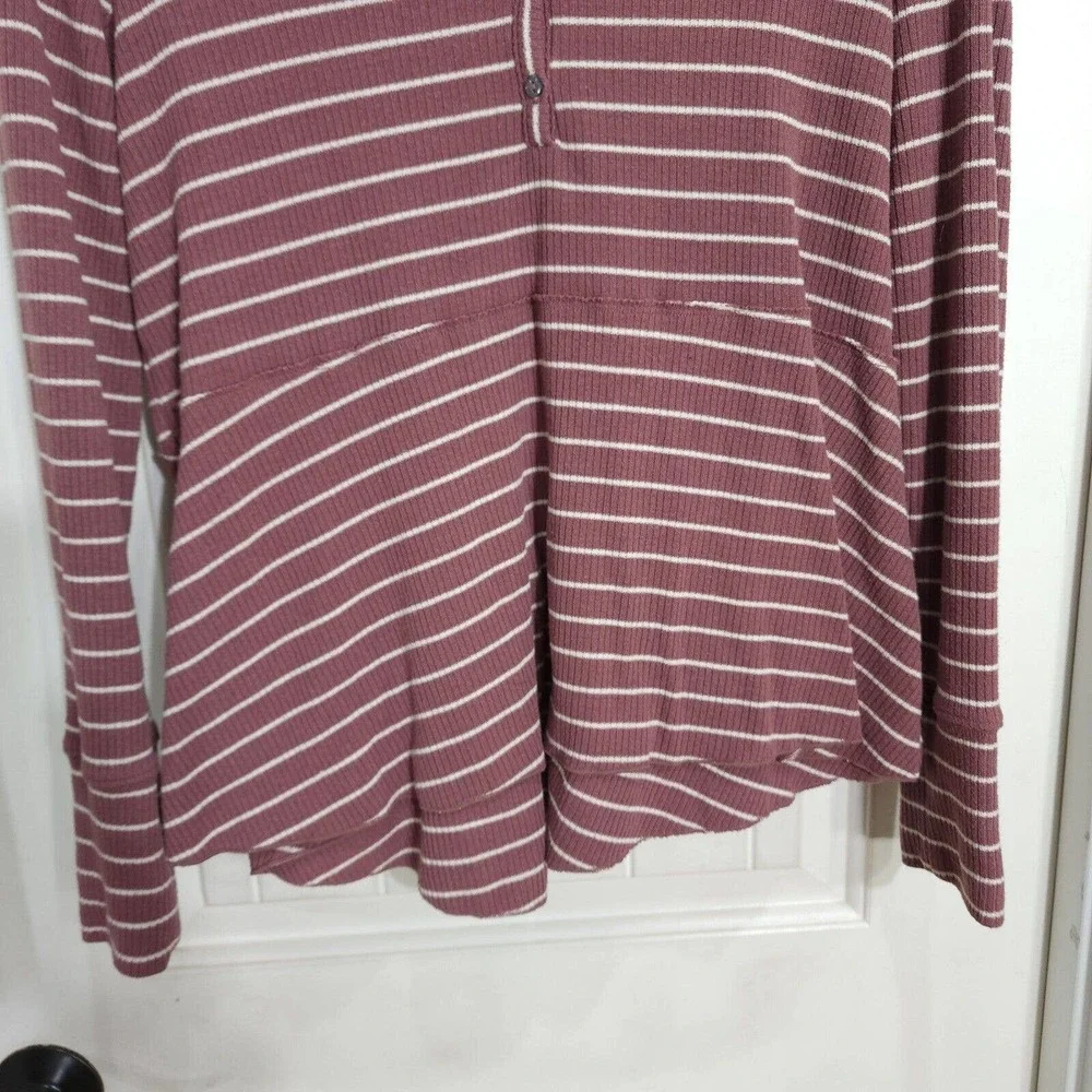 Anthropologie Womens Sleep Shirt Campground Maroon Striped Thermal Henley Top S